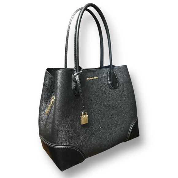 Michael Kors Mercer Gallery Leather Tote Black Gold Hardware Center Zip Pebbled - Picture 5 of 16